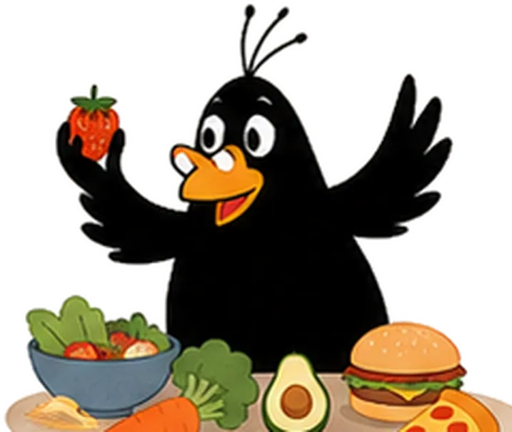 Grondinchen-Krähe mit Erdbeere und gesundem Essen