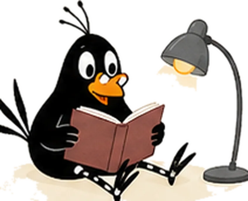 Grondinchen-Krähe liest ein Buch unter einer Leselampe
