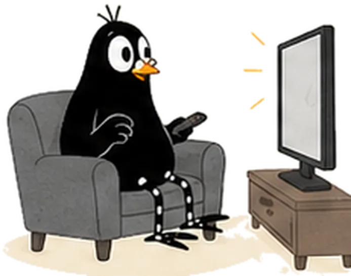 Grondinchen-Krähe sitzt im Sessel und schaut Fernsehen
