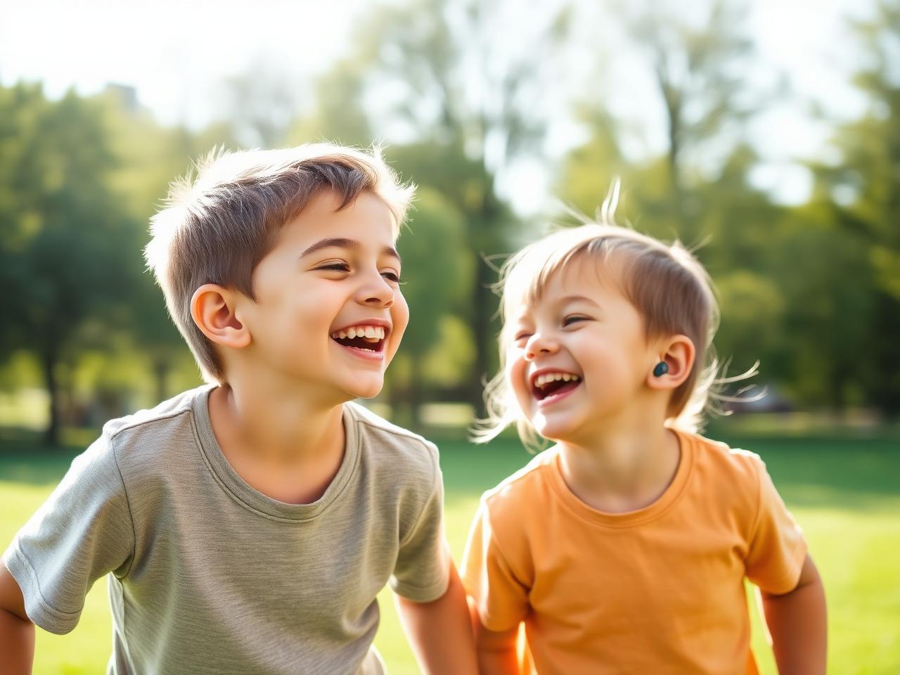 Lachende Kinder mit Hörgeräten beim Spielen im Park