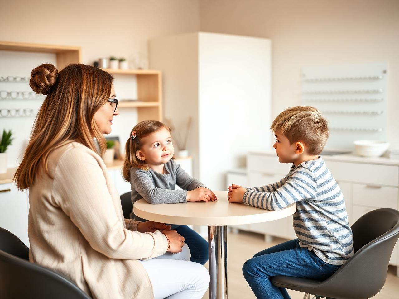 Pädakustikerin im Gespräch mit Mutter und Kind
