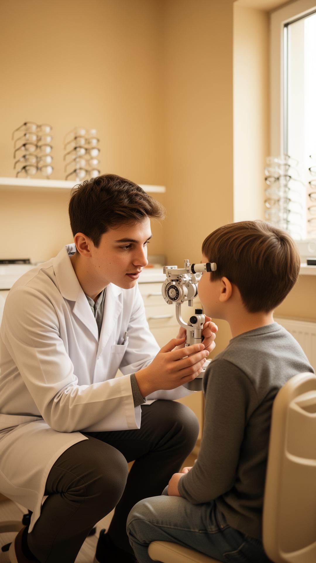 GRONDE Optikerin bei einer einfühlsamen Untersuchung eines Kindes mit Behinderung