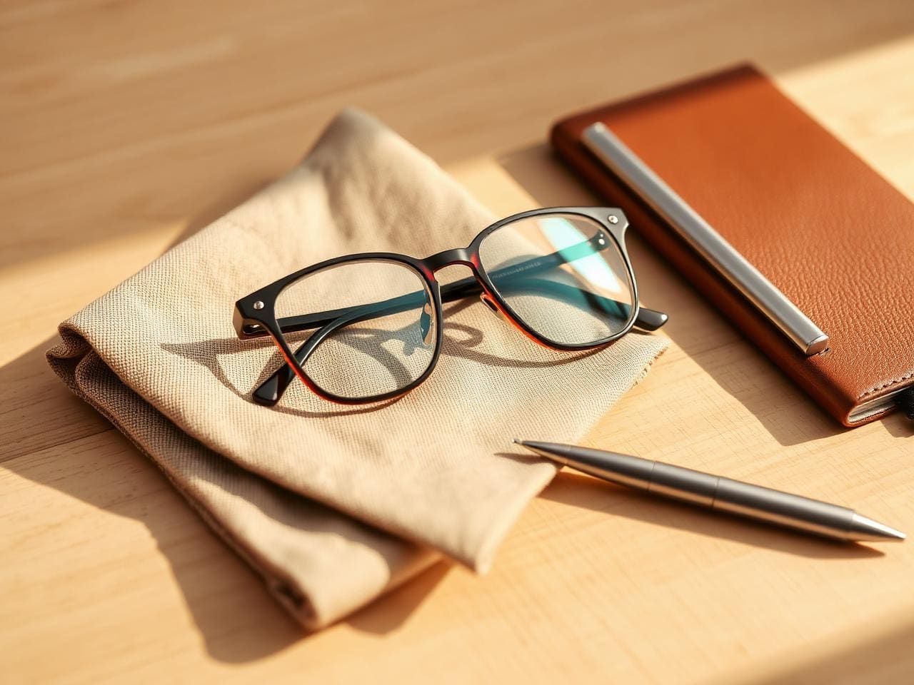 Designer-Brille auf warmem Leinen — bereit für die 0 % Finanzierung