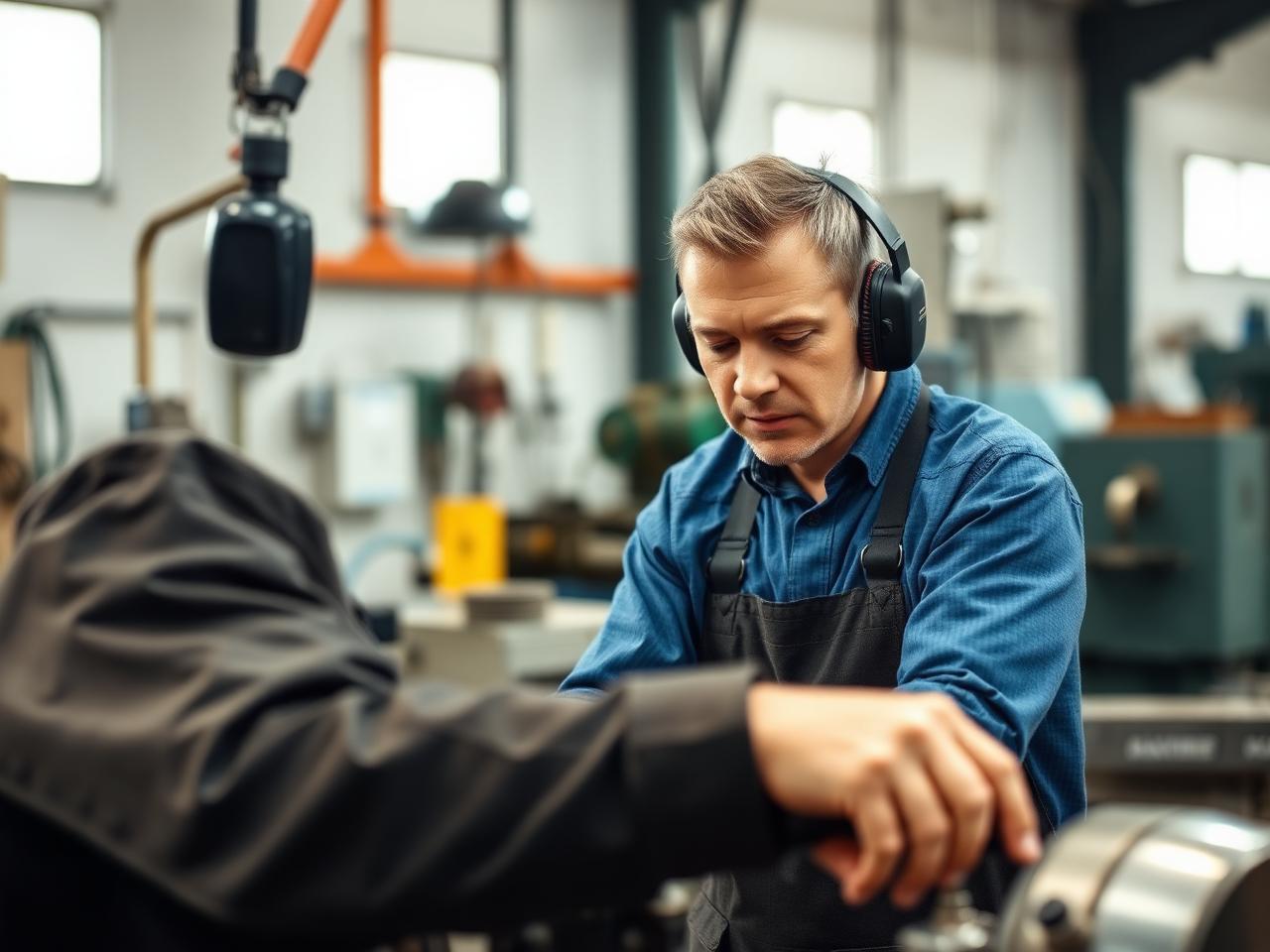 Handwerker in der Werkstatt mit Gehörschutz