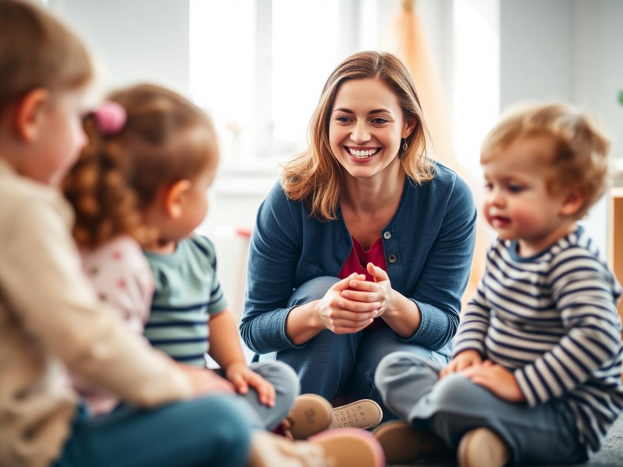 Erzieherin mit Kindern im Kita-Gruppenraum