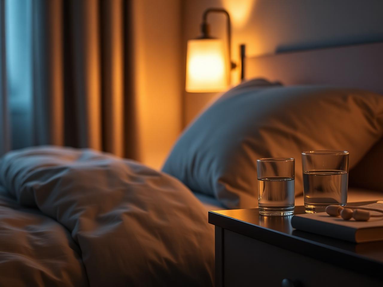 Ruhiges Schlafzimmer mit Gehörschutz auf dem Nachttisch