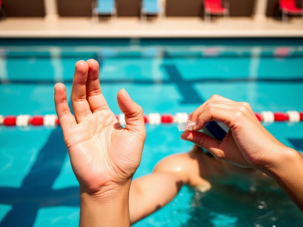 Schwimmer am Beckenrand mit maßgefertigtem Schwimm-Gehörschutz