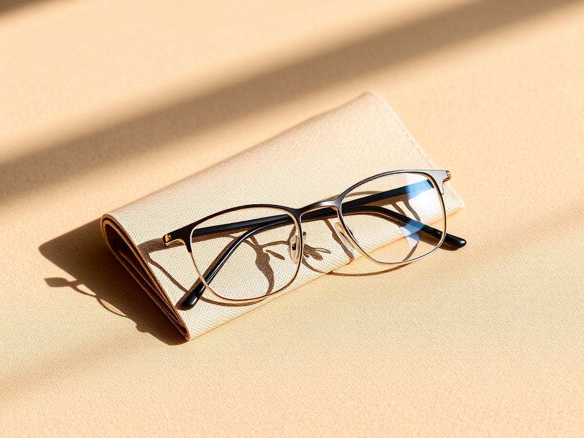 Gleitsichtbrille auf beigem Stoff