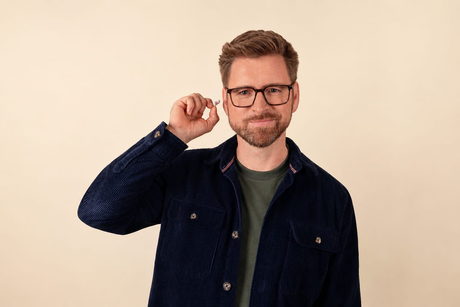 Mann mit Brille hält ein nahezu unsichtbares GRONDE Hörgerät in der Hand