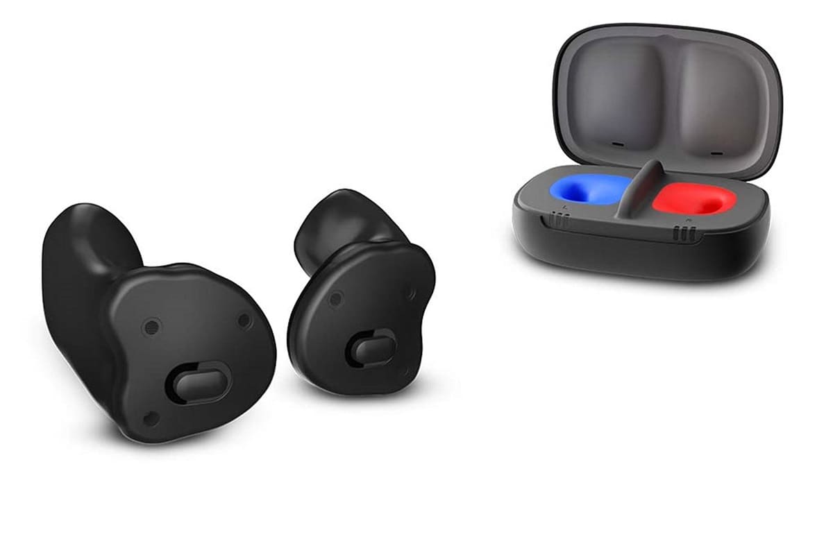 Kleine, schwarze Audio Service Im-Ohr-Hörgeräte mit Ladegerät von Hörakustik Gronde